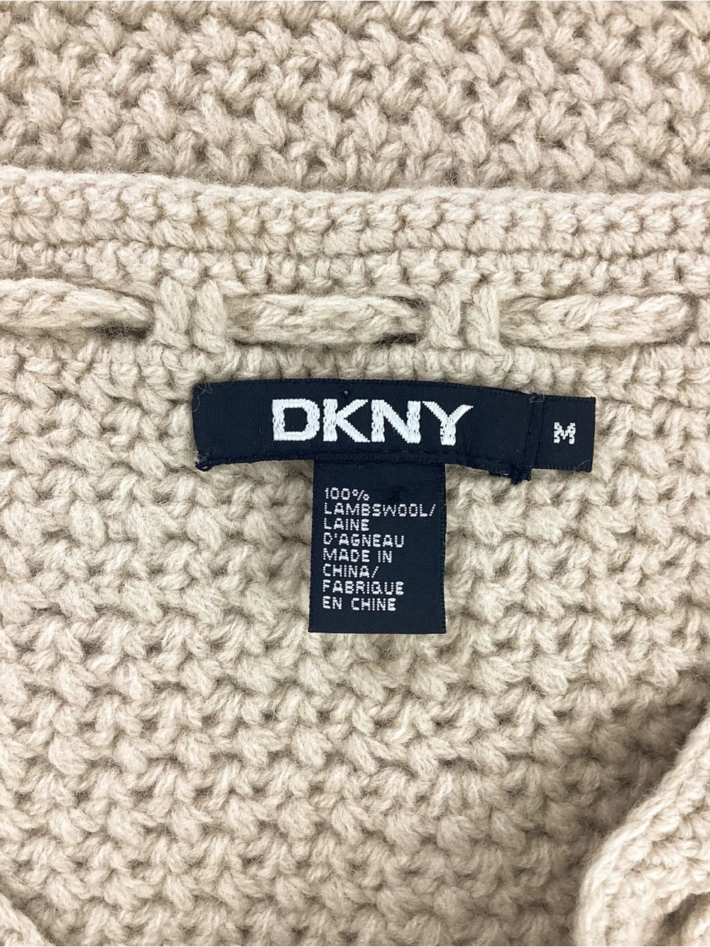 DKNY 100% Lambswool Knit Skirt Size M Tan Crochet Scallop Hem Drawcord
